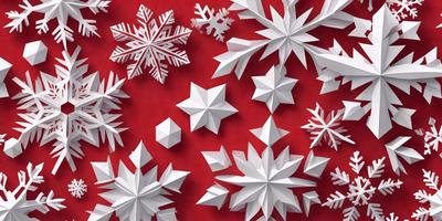 The primary subject of the image is a collection of white snowflakes, which are the main objects in the scene. The snowflakes are arranged on a red background, creating a visually striking contrast between the white snowflakes and the red surface. The visual style of the image is a combination of photo and digital art, as it appears to be a close-up of the snowflakes, yet the snowflakes are also described as being drawn. The colors and mood of the image are predomin